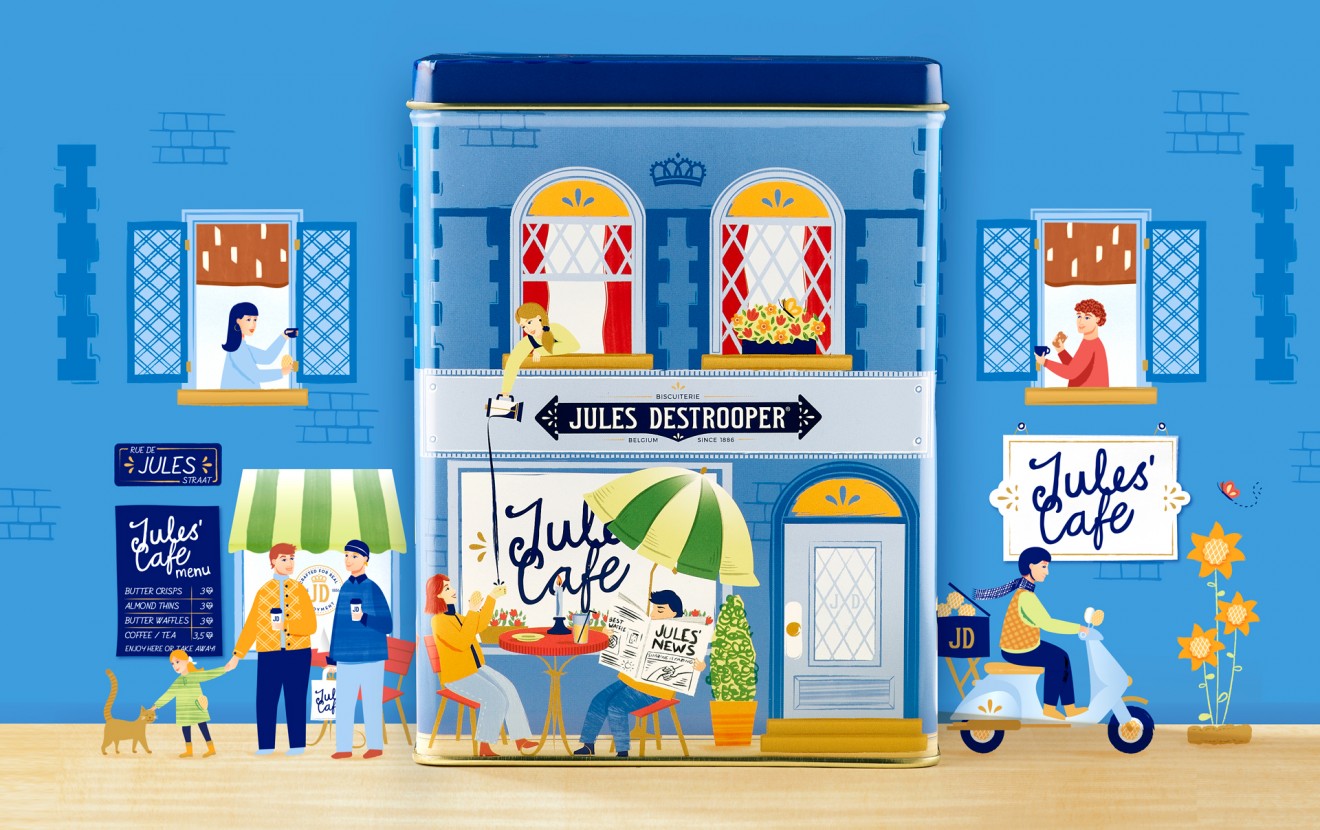 Quatre Mains package design - Flemish Houses Biscuit tin illustration for Jules Destrooper