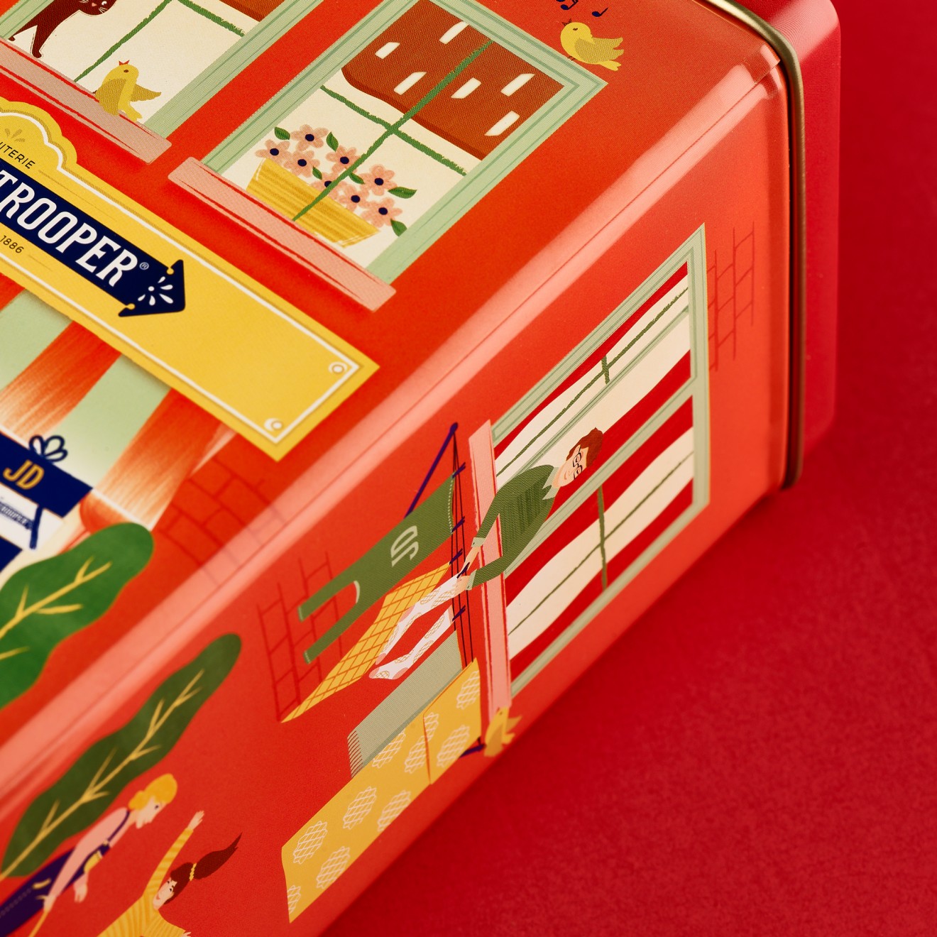 Quatre Mains package design - Flemish Houses Biscuit tin illustration for Jules Destrooper