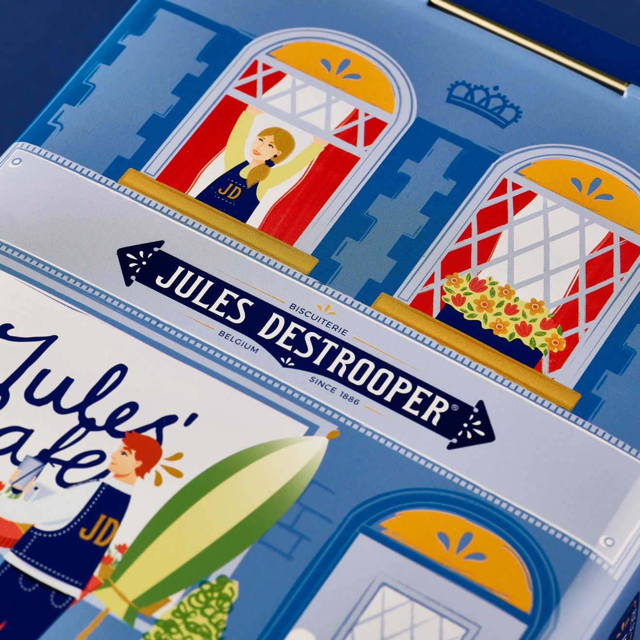 Quatre Mains package design - Flemish Houses Biscuit tin illustration for Jules Destrooper
