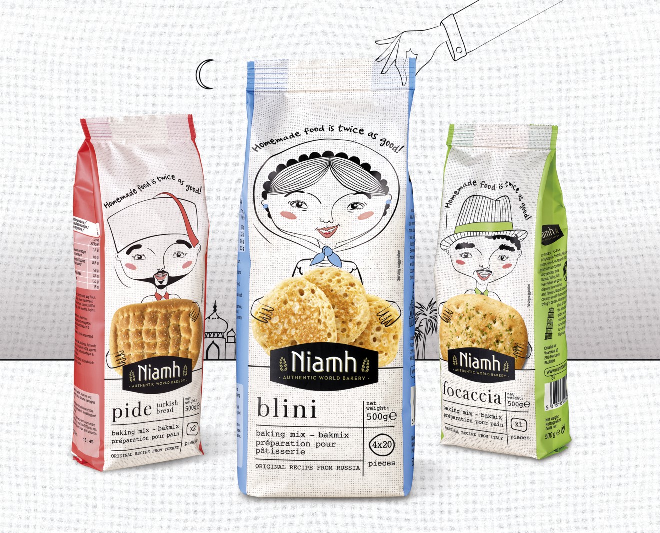 Quatre Mains package design - quatre mains, brood, blini, focaccia, pide
