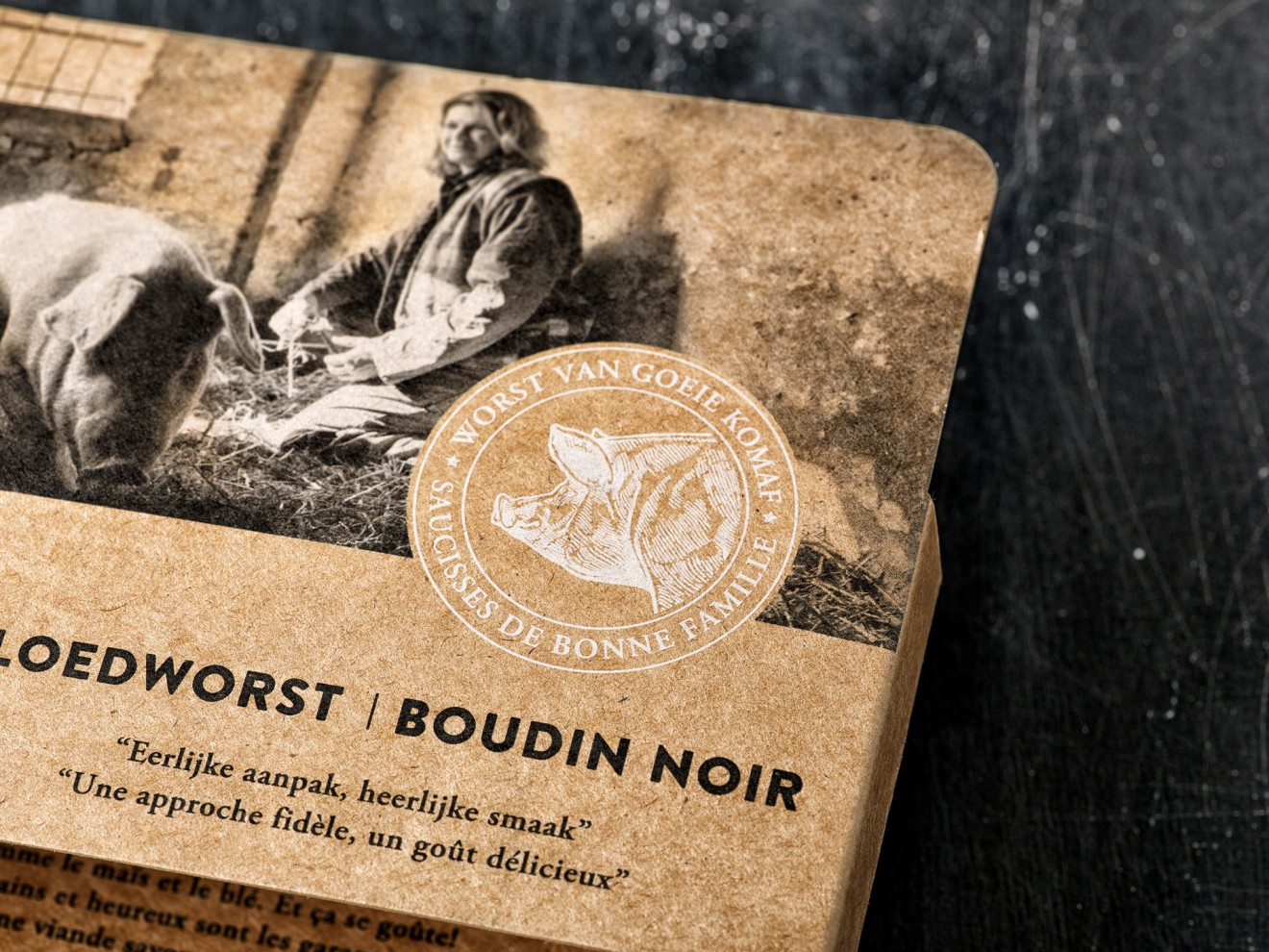 Quatre Mains package design - noyen, meat, craft paper look
