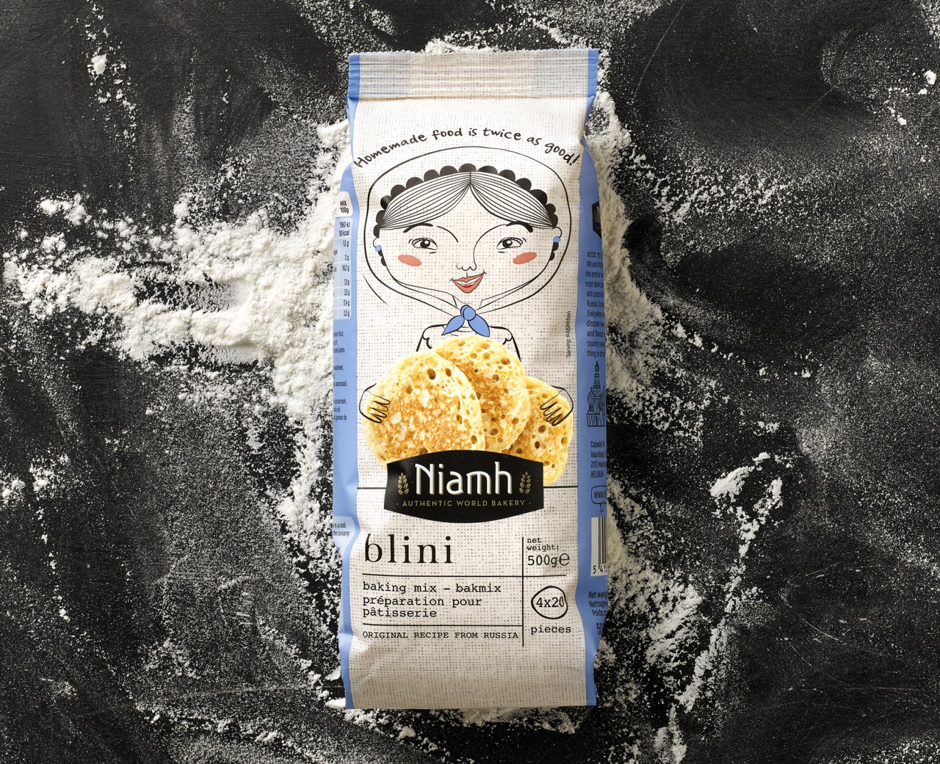 Quatre Mains package design - blini, russisch, illustraties, etnisch, broodmix