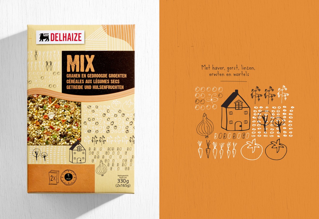 Quatre Mains package design - mix, gedroogde, groenten, haver, gerst, linzen