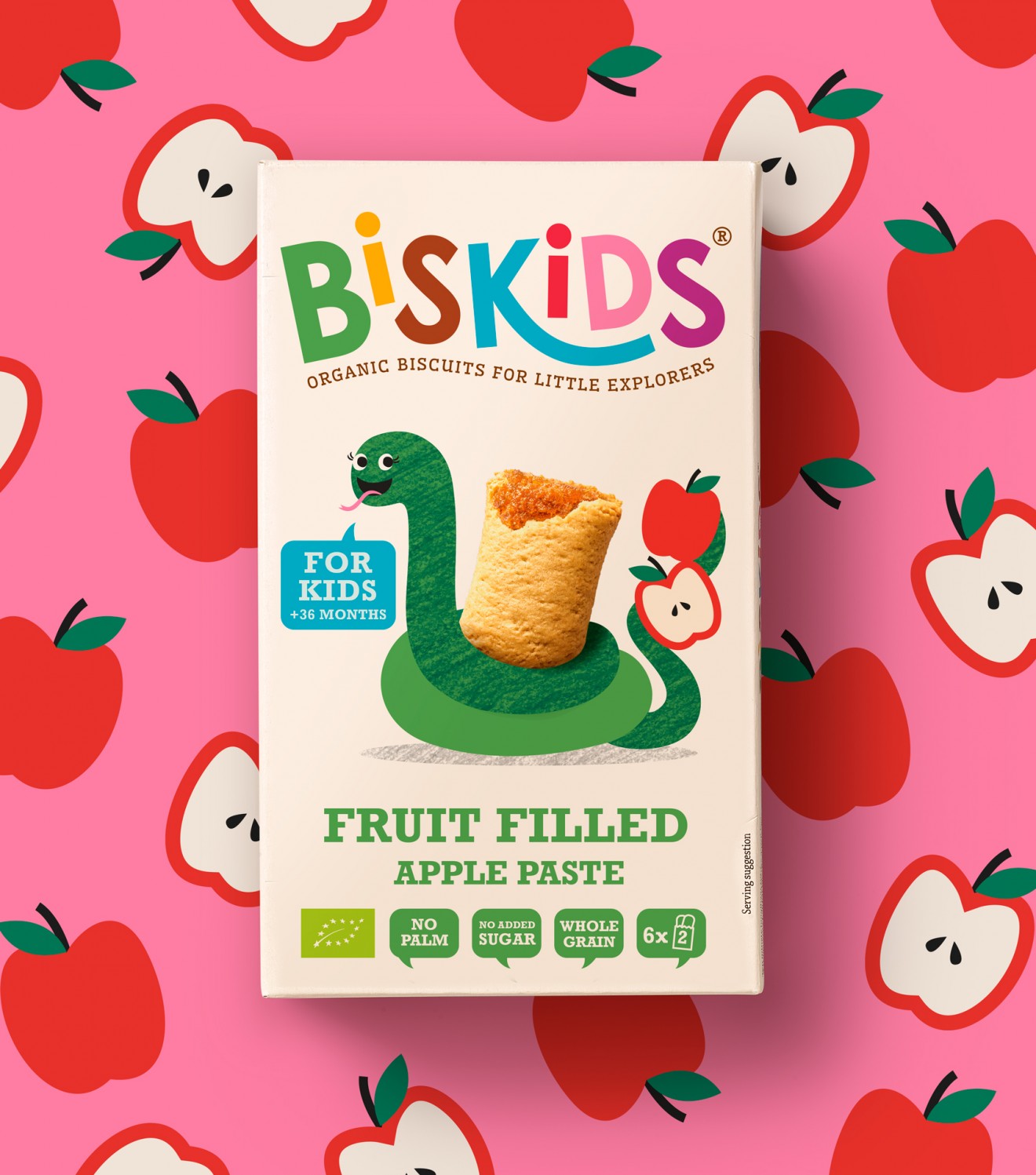 Quatre Mains package design - snake, apple biscuits, baby, quatre mains