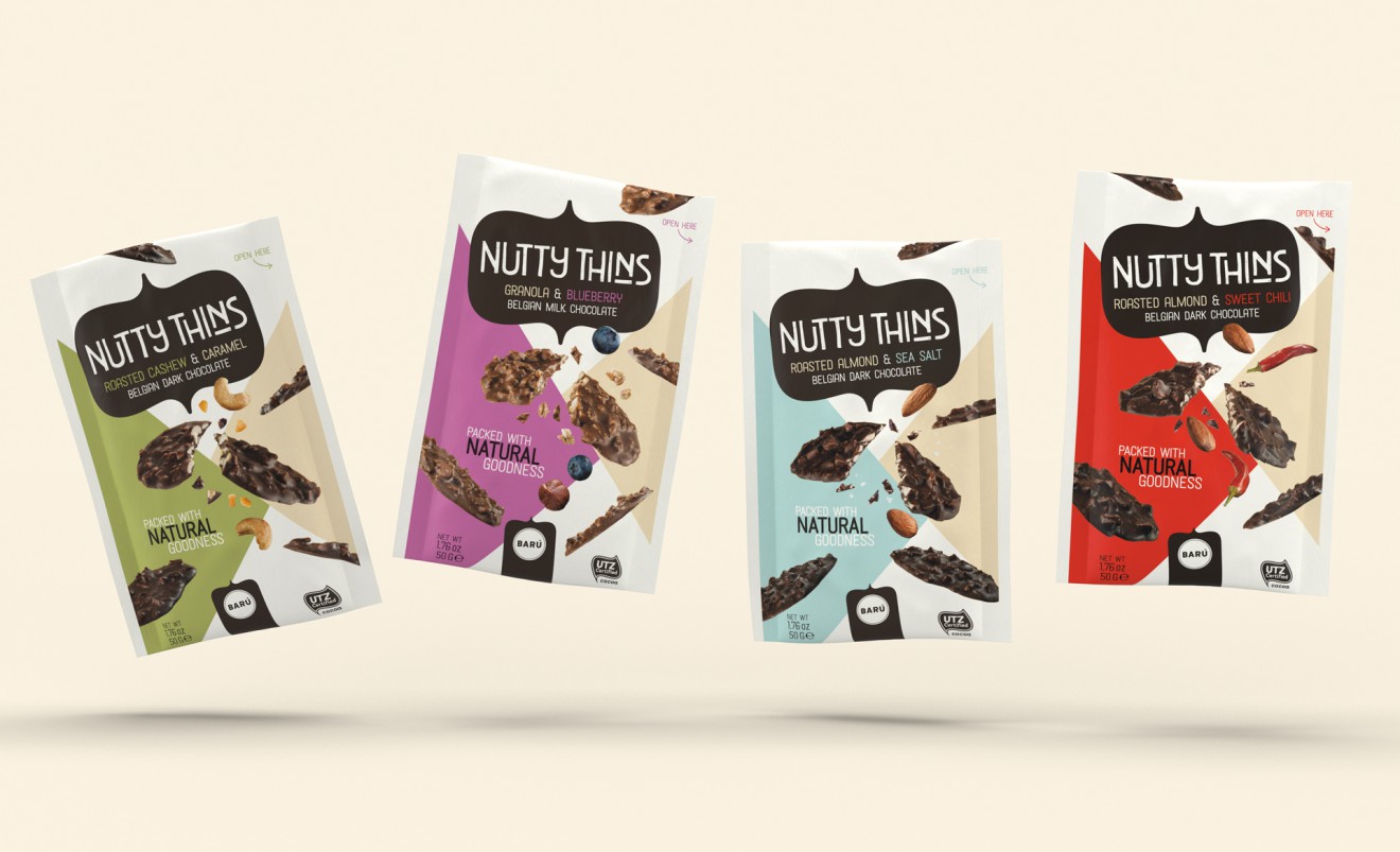 Quatre Mains package design - nutty thins, crispy, baru, belgisch