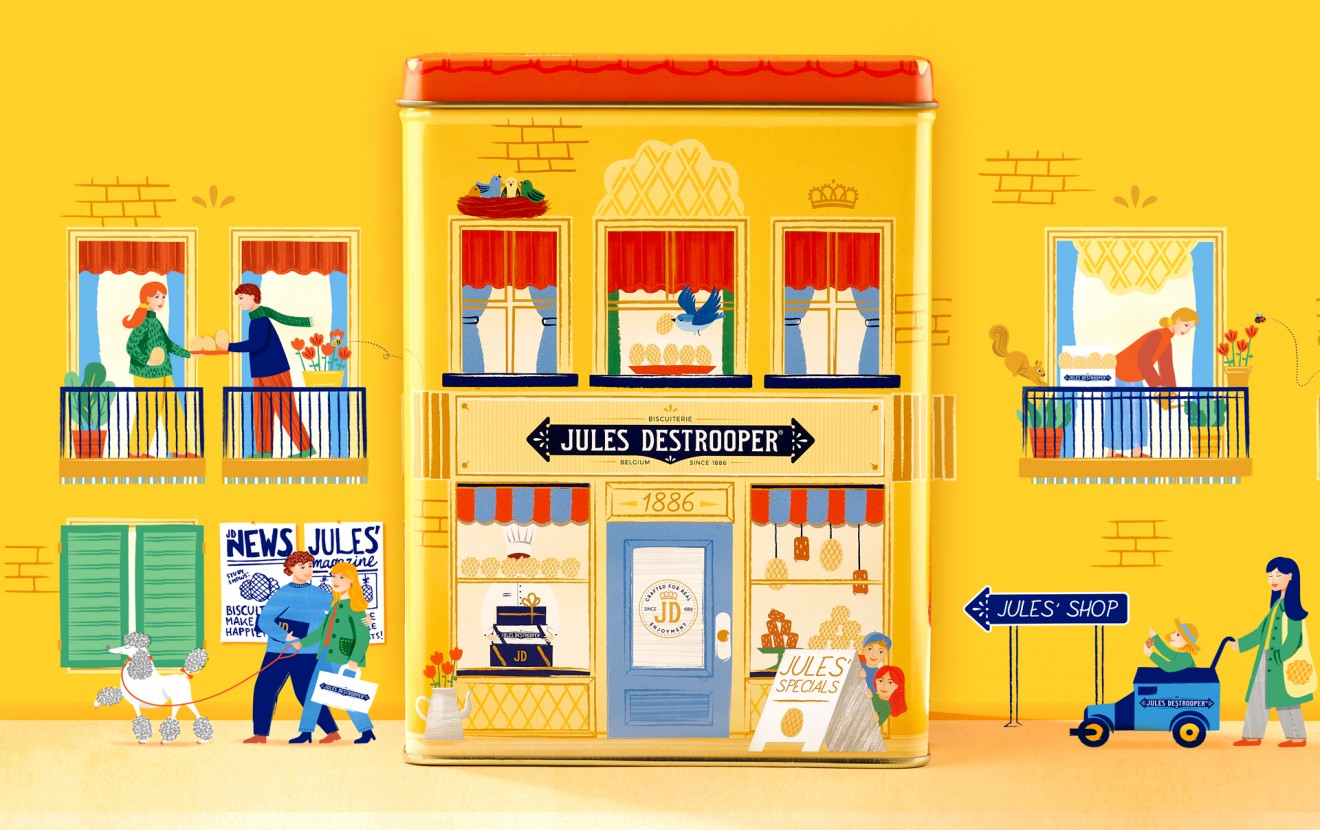 Quatre Mains package design - Flemish Houses Biscuit tin illustration for Jules Destrooper