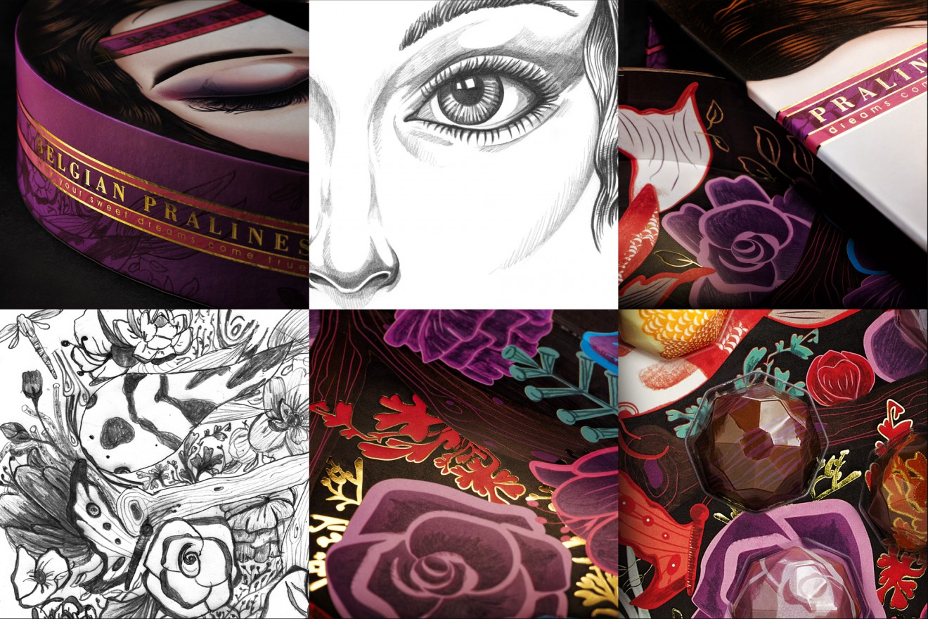 Quatre Mains package design - detail, design, packaging, sketch