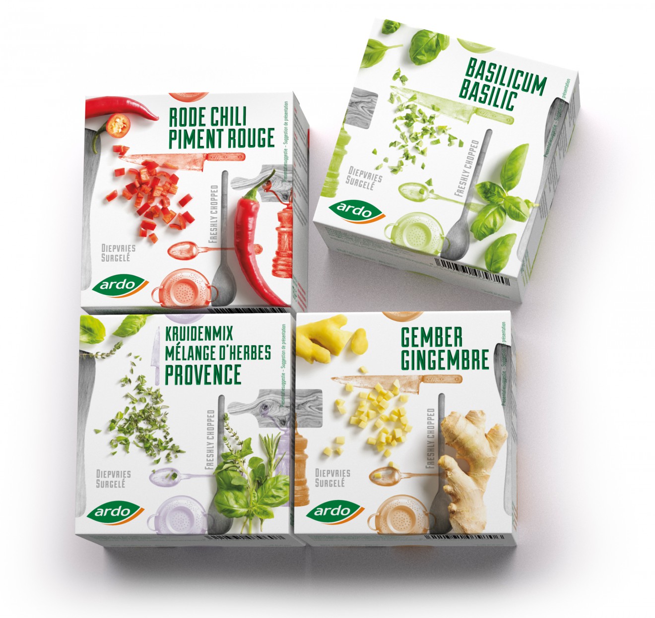 Quatre Mains package design - ginger, basil, chili, herbs, quatre mains