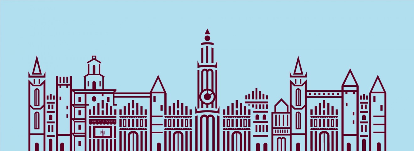 Quatre Mains package design - huisjes, antwerpen skyline, philips biscuits
