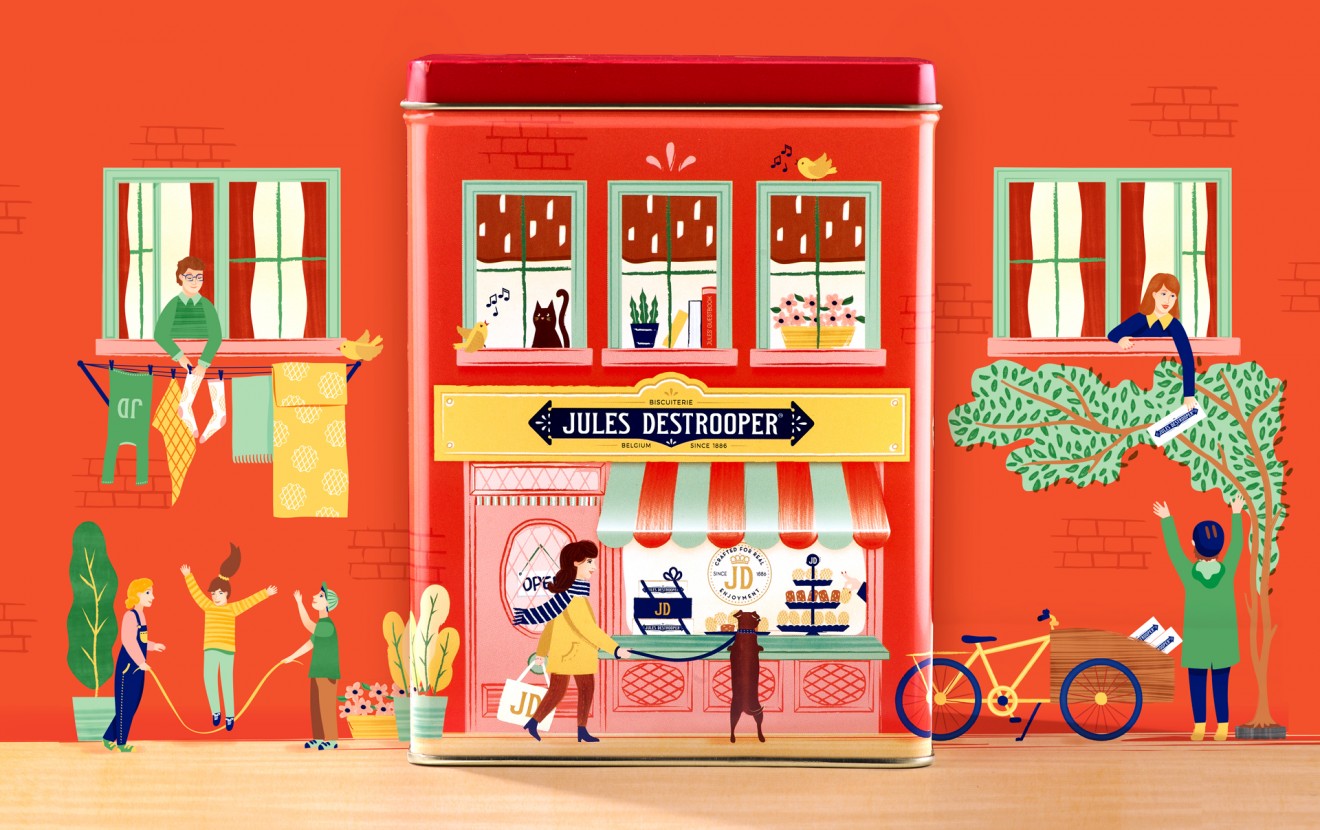 Quatre Mains package design - Flemish Houses Biscuit tin illustration for Jules Destrooper