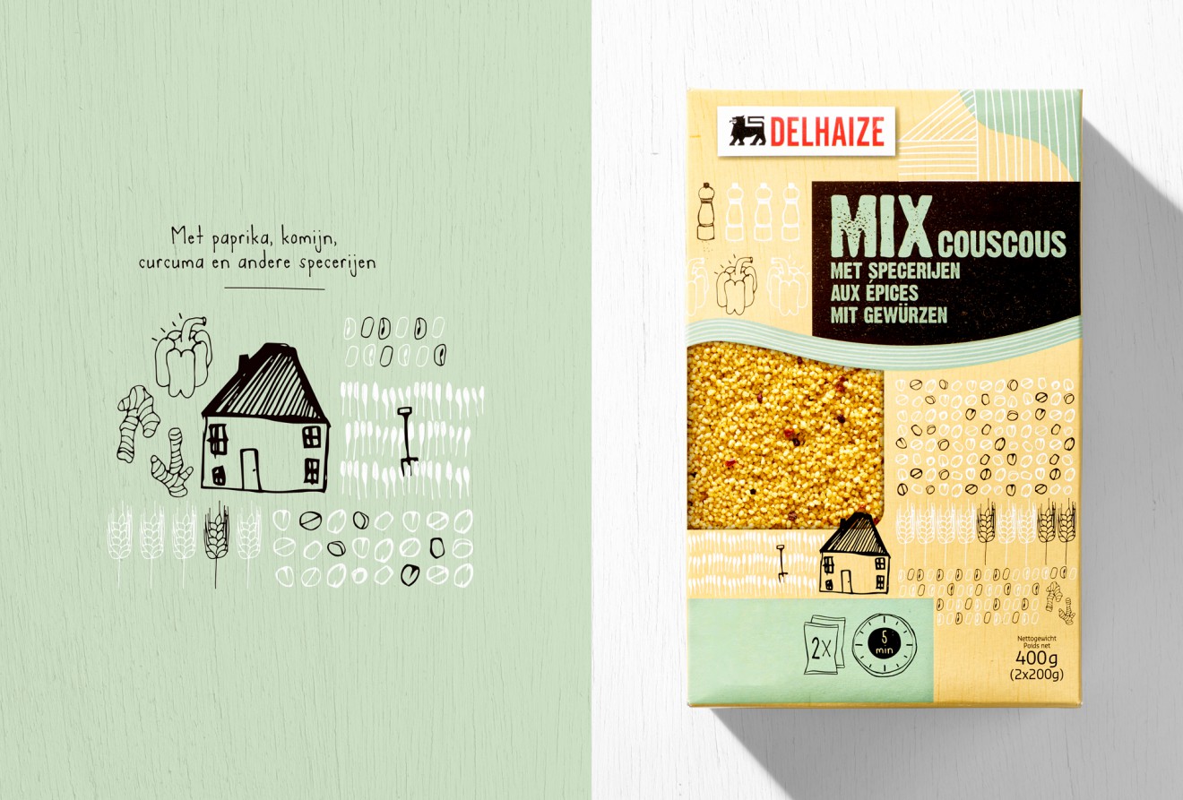 Quatre Mains package design - couscous, delhaize, specerijen, paprika, komijn