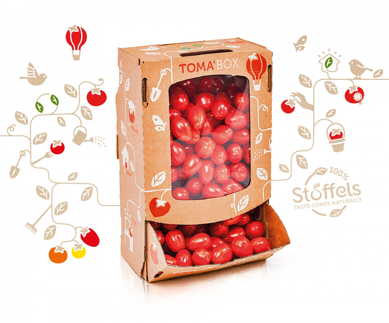 Quatre Mains package design - tomabox, kerstomaten, plantenslinger