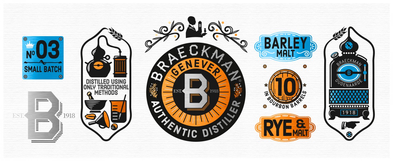 Quatre Mains package design - illustrations, distillery, braeckman