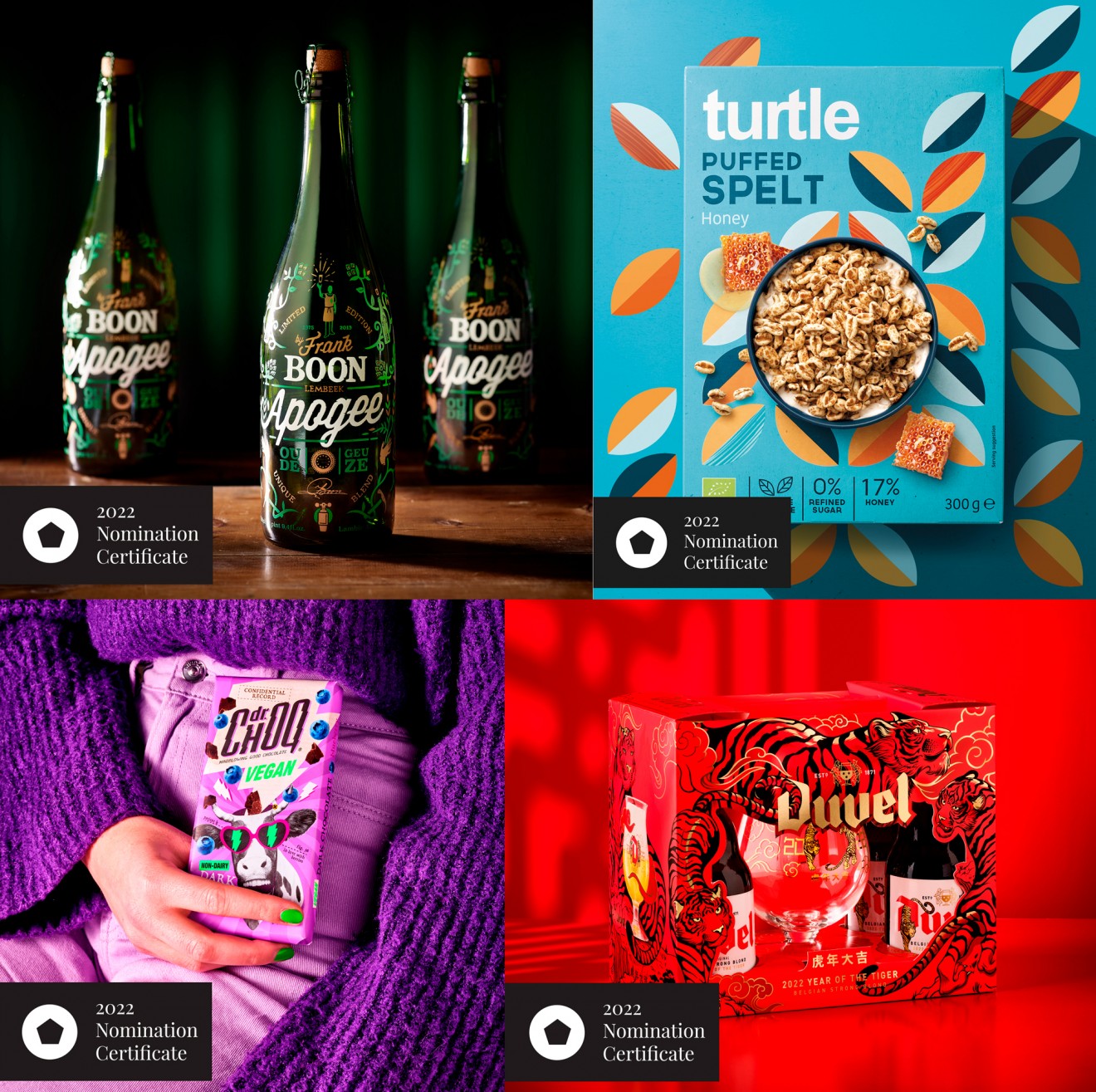 Quatre Mains package design - boon, apogee, turtle, dr choc, duvel