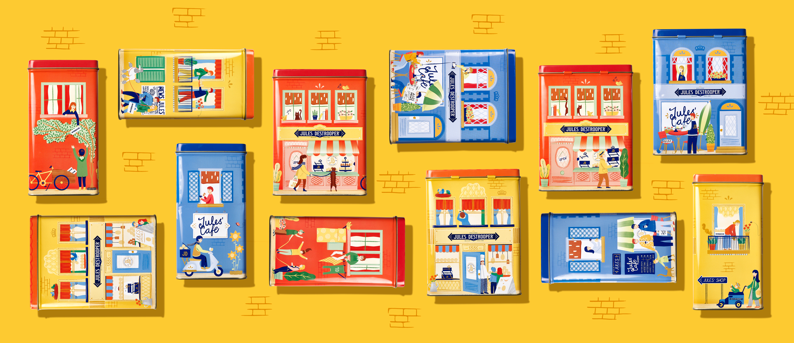 Quatre Mains package design - Package design Flemish Houses Biscuit tin illustration for Jules Destrooper