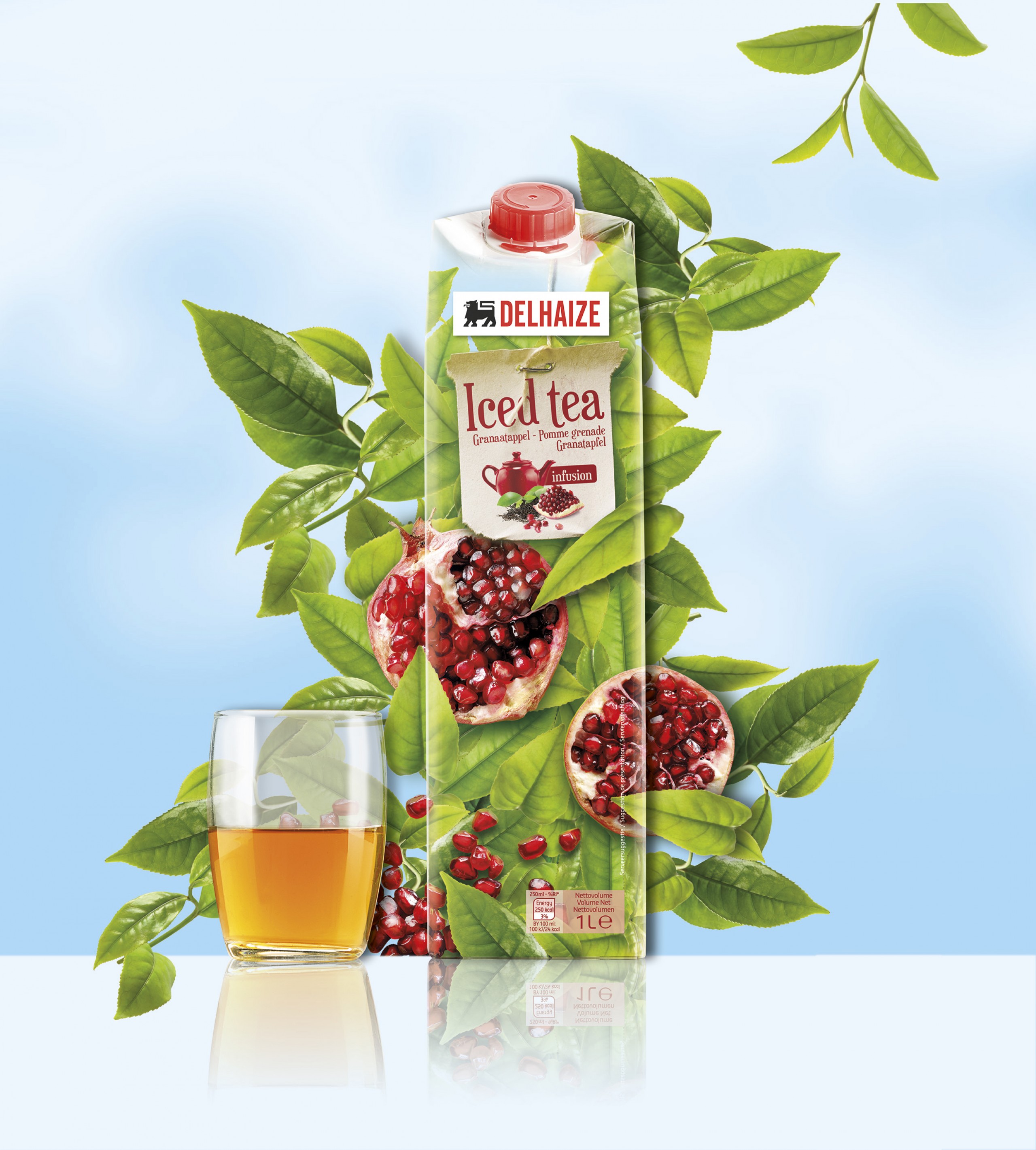 Quatre Mains package design - Package design Iced Tea, Delhaize, Branding, Packaging, Pomme granate
